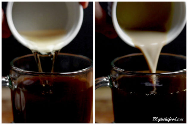 A collage of 2 photos, one of whiskey being added to coffee and one of baileys being added to coffee.