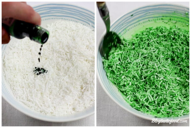 2 photos demonstrating how to make shredded coconut green with food colouring.