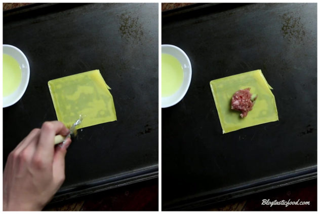 a collage of 2 photos, one of me brushing egg white around the edgs of a wonton wrapper, and another photo of me putting pork filling in the middle of the wonton wrapper. 