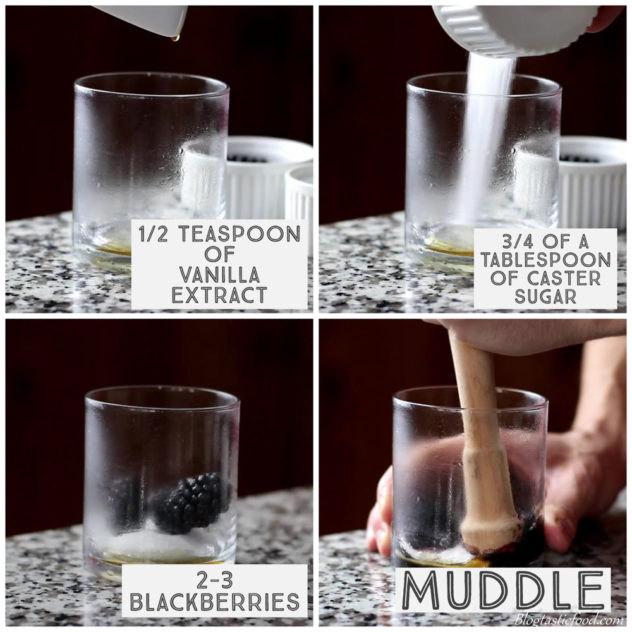 A series of vanilla extract, caster sugar and blackberries being muddles in a glass.