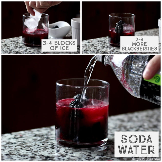 A step by step series of photos showing ice, blackberries and soda water being added to a glass to make a cocktail. 