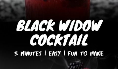 A Black Widow cocktail recipe presented in the form of a pin for Pinterest.