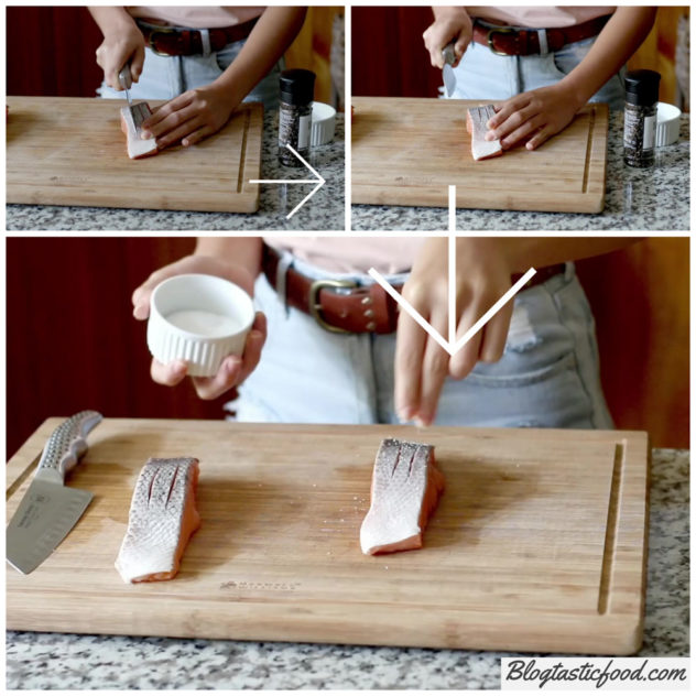 a step by step series of photos showing how to score and season salmon skin.