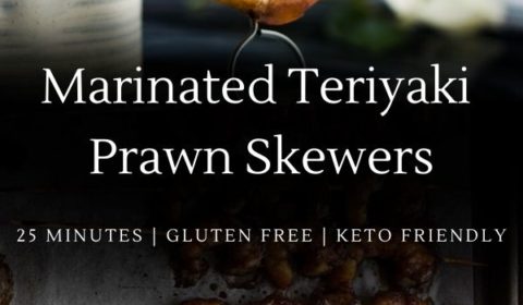 a teriyaki prawn skewers recipe presented in the form of a pin for Pinterest.