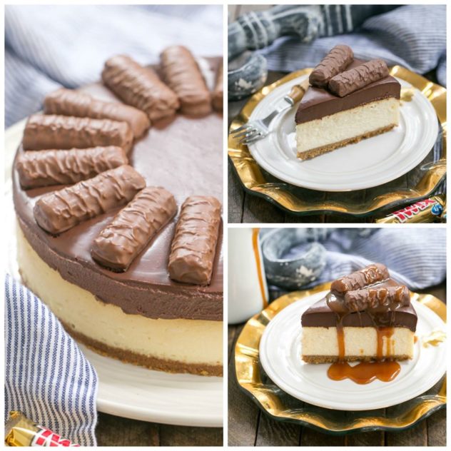 A collage of 3 different photos showing a chocolate caramel twix cheesecake from different angles. 