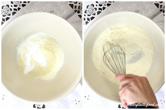 A collage of 2 photos showing coconut flour and almond flour in a large bowl, then the 2 flours are whisked together.