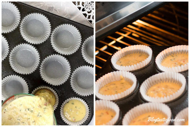 A collage of 2 photos, showing muffin batter going into muffin cases, and those muffins going onto the oven.