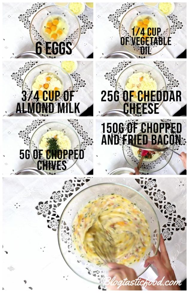 A collage of photos showing eggs, vegetable oil, almond milk, cheddar cheese, chives and bacon being added to a bowl and whisked together. 