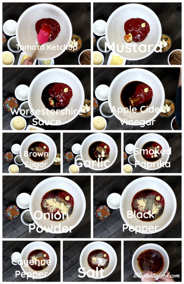 A collage of photos showing all the ingredients going in a large bowl to make BBQ marinade.