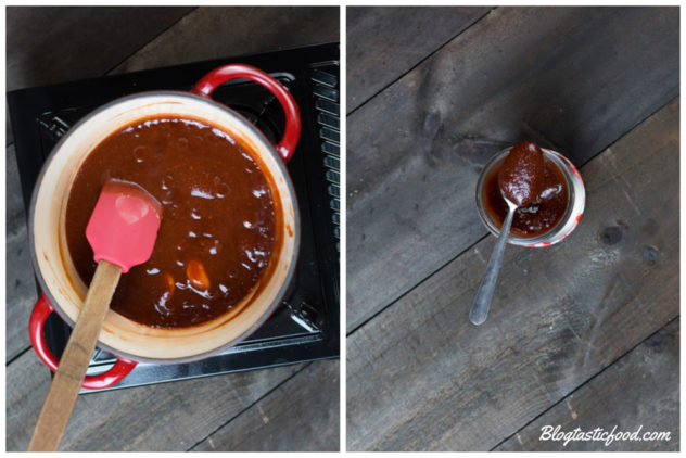2 photos in the form of a collage. One of BBQ sauce simmering, and one of the final result of the sauce in a jar.