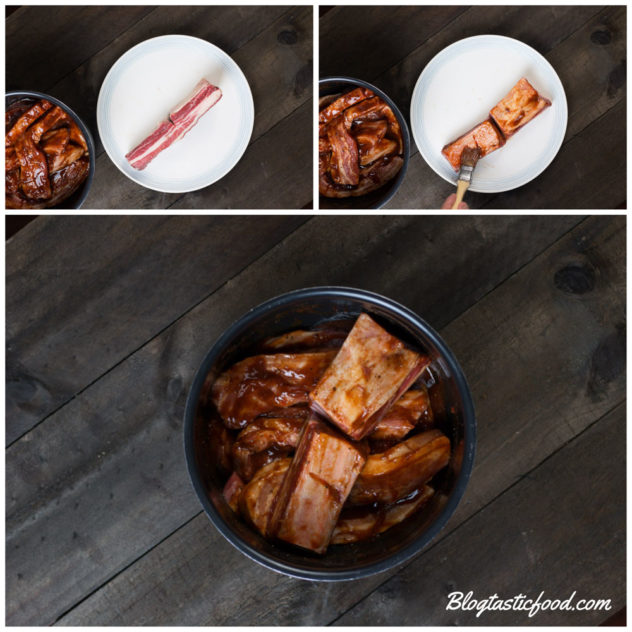 A step by step series of photos showing a beef rib being coated in BBQ sauce and then added to a slow cooker pot.
