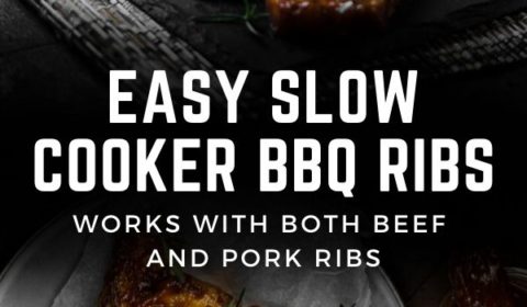 A slow cooker bbq ribs recipe post presented in the form of a pin for Pinterest.