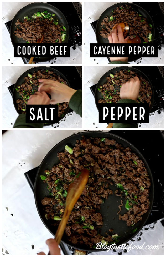 A collage of 5 photos showing cooked beef, cayenne pepper, salt and pepper going in a pan filled with aromatics.