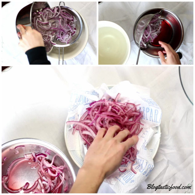 A collage showing how to soak and marinade red onions in red wine vinegar.