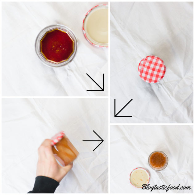 A collage of photos showing how to prepare a vinaigrette in a jam jar.