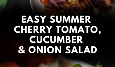 A pin for a cherry tomato salad recipe.