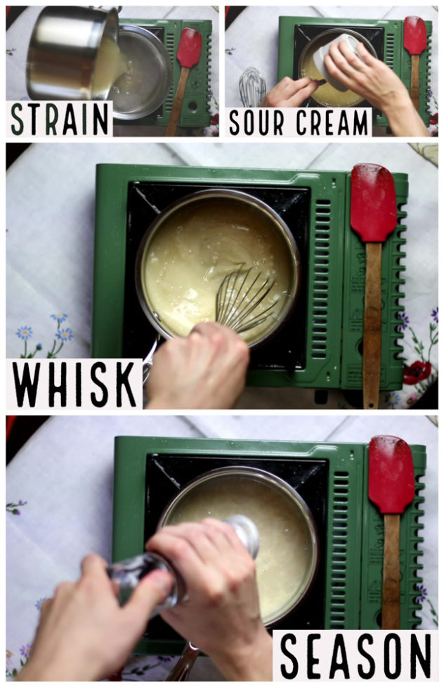 A collage of 4 photos, showing gravy being strained into another pot, sour cream being added and whisked through, then being seasoned with salt.