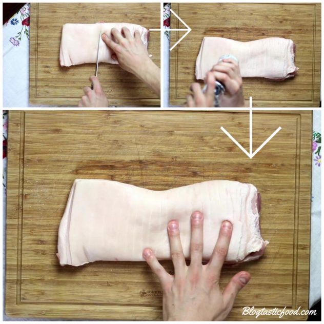 A step by step collage showing how to score and season pork belly skin.