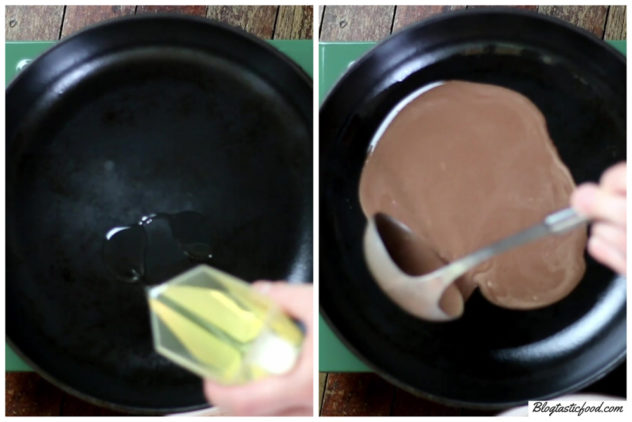 A collage of 2 photos, showing oil being added to a pan, and crepe batter being added.