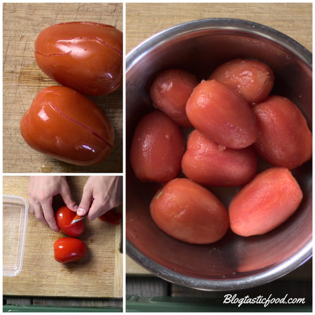 A collage of photos showing how to peel par boiled tomatoes.