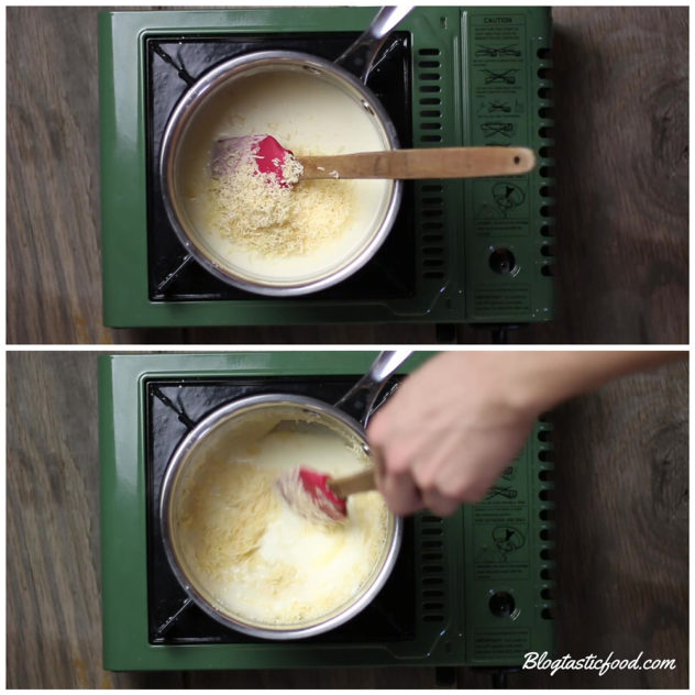 A collage of 2 photos showing grated parmesan being added and stirred through a sauce.