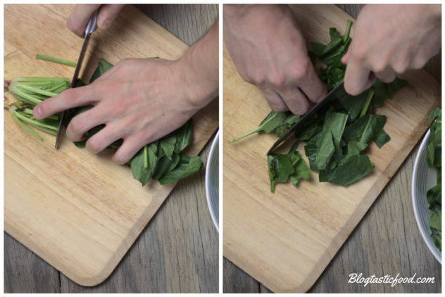 A collage of 2 photos, showing how to cut off spinach stalks and shred the leaves.