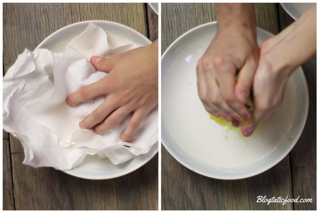 A collage of 2 photos, showing how to squeeze the moisture out of cooked spinach.