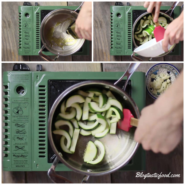 A collage of 3 photos showing how to suate sliced courgettes in olive oil.
