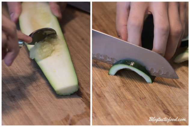 A collage of 2 photos showing a zhiccini being cored and sliced.