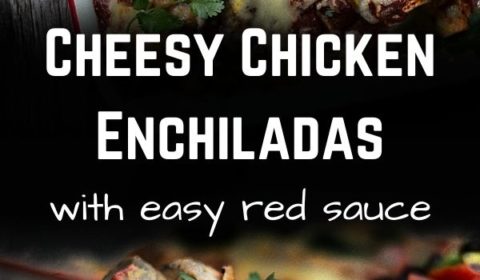 Cheesy chicken enchilada recipe post presented in the form of a pin for Pinterest.