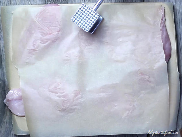 Photos of chicken breasts under a sheet of baking paper being bashed with a tenderizer.