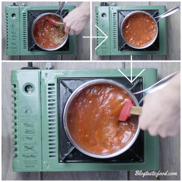 A collage of 3 photos, showing enchilada sauce being mixed and simmered. 