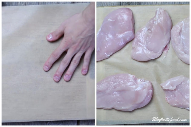 A collage of 2 photos showing baking paper and chicken breasts being placed on a baking tray.