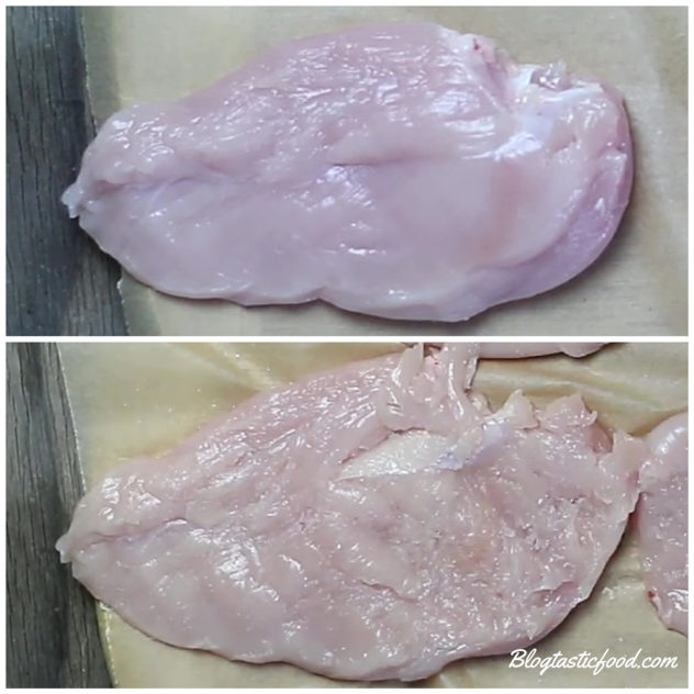 A collage of 2 photos showing a photo of a normal chicken breast and a flattened chicken breast.
