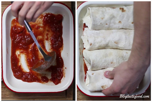 A collage of 2 photos showing enchilada sauce and wrapped tortillas being placed in a tray.