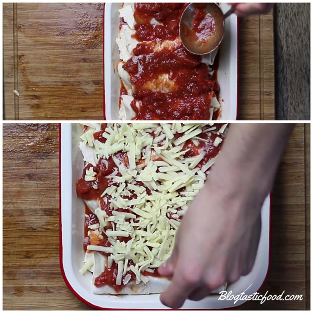 2 collages showing enchilada sauce and grated cheese being spread over raw enchiladas.