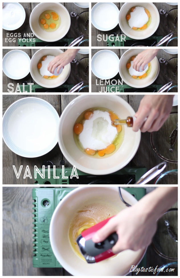 A collage showing eggs, sugar, lemon, salt and vanilla being added to a bowl and whisked.