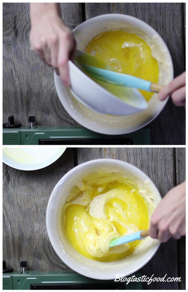 A collage showing butter being added and stirred through cake batter.